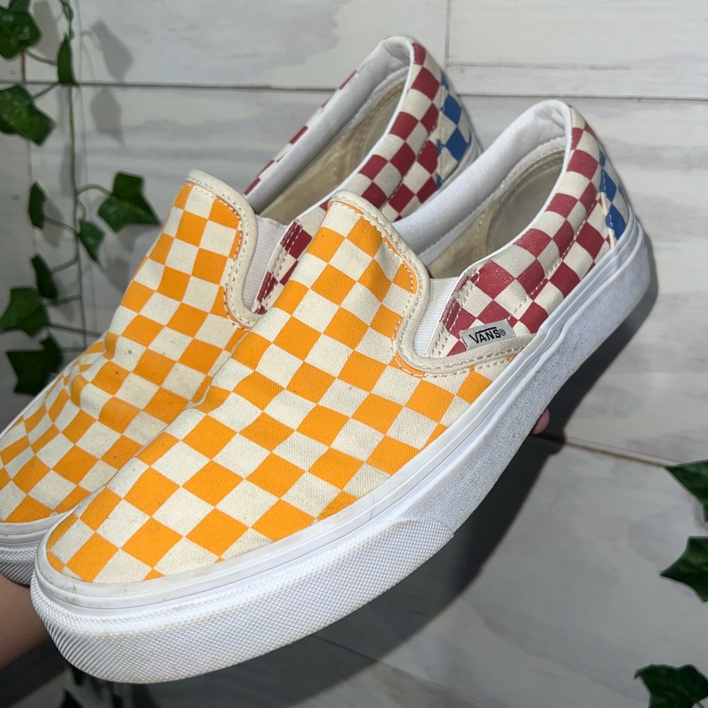 Multi colored checkered slip on Vans